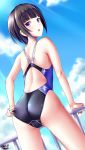  1girl adjusting_clothes adjusting_swimsuit ass back bangs black_swimsuit blue_sky blunt_bangs bob_cut breasts cloud cloudy_sky commentary_request competition_swimsuit dated day eyebrows_visible_through_hair from_behind highleg highres idolmaster idolmaster_cinderella_girls idolmaster_cinderella_girls_starlight_stage looking_at_viewer looking_back one-piece_swimsuit open_mouth outdoors purple_eyes shirayuki_chiyo sky small_breasts solo standing swimsuit thighs tsuchimiya 