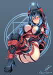  1girl arms_behind_back ass aster-effect bdsm black_sclera blue_eyes blue_hair blush bondage boots bound breasts collar high_heels highres horns long_hair looking_at_viewer original red_rope rope shibari shibari_over_clothes slit_pupils solo tail thigh_boots thighhighs 