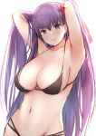  1girl armpits arms_behind_head arms_up bangs bare_shoulders bb_(fate)_(all) bb_(fate/extra_ccc) bikini black_bikini blush breasts cleavage collarbone fate/extra fate/extra_ccc fate_(series) hair_between_eyes hair_ribbon john_zhang large_breasts long_hair looking_at_viewer navel parted_lips purple_eyes purple_hair red_ribbon ribbon simple_background smile solo swimsuit very_long_hair white_background 
