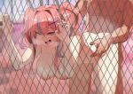  1boy 1girl :d akakiryu2m ass azur_lane bangs bent_over blush breasts bremerton_(azur_lane) bremerton_(scorching-hot_training)_(azur_lane) chain-link_fence collarbone commentary_request cowboy_shot doggystyle eyebrows_visible_through_hair fang fence grey_hair hair_between_eyes hair_ornament hairclip hanging_breasts head_out_of_frame heart heart-shaped_pupils hetero highres large_breasts long_hair mole mole_under_eye multicolored_hair nipples nude open_mouth pink_eyes pink_hair puffy_nipples sex sidelocks skin_fang smile solo_focus standing standing_sex streaked_hair symbol-shaped_pupils tan tanline tennis_court torso_grab twintails two-tone_hair vaginal 