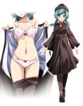  1girl bangs black_footwear black_legwear blue_eyes blue_hair blue_nails bow bowtie bra breasts brown_coat cleavage closed_mouth coat dress_shirt floating_hair full_body groin hatsune_miku highres loafers long_hair long_sleeves looking_at_viewer low_twintails medium_breasts nail_polish navel panties pantyhose pantyhose_pull red_bow red_neckwear ren&#039;ai_saiban_(vocaloid) shiny shiny_hair shiny_skin shirt shoes simple_background smile solo standing sweat sweatdrop swept_bangs tsukishiro_saika twintails underwear underwear_only undressing vocaloid white_background white_bra white_panties white_shirt wide_sleeves 