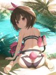  1girl animal_ears ass barefoot bikini blush brown_eyes brown_hair bullpup bunny_ears bunny_tail butt_crack closed_mouth ek_masato eyebrows_visible_through_hair feet from_behind gun highres llenn_(sao) looking_at_viewer looking_back p-chan_(p-90) p90 palm_tree short_hair sitting smile soles solo sparkle submachine_gun swimsuit sword_art_online sword_art_online_alternative:_gun_gale_online tail tree wariza water weapon 