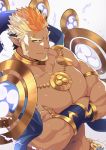  1boy abs armor bara beard cape chest collar crossed_arms facial_hair from_side gyee highres lightning lightning_background looking_at_viewer male_focus minamoto_no_raikou_(gyee) multicolored_hair muscle navel nipples open_clothes orange_eyes pectorals pointy_ears simple_background smile solo upper_body veins zifuuuun 