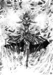  1girl blood blood_on_face breasts commentary covered_navel dress electricity english_commentary floating_rock fubuki_(one-punch_man) full_body greyscale high_contrast highres impossible_clothes impossible_dress injury large_breasts long_dress long_legs monochrome one-punch_man outstretched_arms pantyhose short_hair slender_waist solo taut_clothes taut_dress telekinesis the_golden_smurf toned 