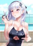  1girl azur_lane bangs black_hairband blush breasts cleavage collarbone commentary_request competition_swimsuit dido_(azur_lane) earrings hairband heart heart_earrings highres jewelry large_breasts one-piece_swimsuit open_mouth pointing pool purple_eyes scissors shirosaba short_hair signature solo swimsuit underboob underboob_cutout white_hair 