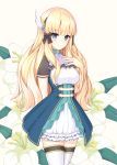  1girl absurdres black_bow blonde_hair blue_eyes bow breasts capelet cloak eyebrows_visible_through_hair flower gem hair_bow highres maid_daisuki pointy_ears princess_connect! princess_connect!_re:dive sasaki_saren thighhighs white_flower white_legwear wing_hair_ornament 