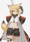  1girl 3: absurdres animal_ears arknights armpits arms_up bandaged_arm bandages bare_shoulders black_shorts blonde_hair cloak closed_mouth commentary_request cowboy_shot crop_top crop_top_overhang ear_piercing fang fox_ears fox_girl fox_tail hair_ornament hairclip heart heart-shaped_pupils highres jewelry kentllaall leg_belt looking_at_viewer mechanical_arm midriff navel necklace open_fly orange_eyes originium_(arknights) piercing sanpaku shirt short_hair short_shorts shorts simple_background sleeveless sleeveless_shirt solo stomach strapless symbol-shaped_pupils tail thighs vermeil_(arknights) white_shirt 