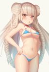  1girl absurdres aqua_bikini azur_lane bangs bikini blue_bikini blush braid breasts cleavage commentary_request double_bun eyebrows_visible_through_hair formidable_(azur_lane) formidable_(the_lady_of_the_beach)_(azur_lane) grey_background hair_ornament hands_on_hips highres long_hair looking_at_viewer medium_breasts milk_box_(leoleo963852741) navel open_mouth platinum_blonde_hair red_eyes shiny shiny_hair shiny_skin simple_background solo swimsuit very_long_hair 