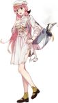  1girl akashi_(kantai_collection) bag buttons fujikawa full_body green_eyes hair_between_eyes hair_ribbon holding kantai_collection long_hair long_sleeves official_art open_mouth pink_hair ribbon shoulder_bag socks solo torn_clothes transparent_background tress_ribbon white_headwear yellow_legwear 