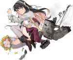  1girl black_hair bouquet bra brown_eyes dress fang flower fujikawa full_body grey_legwear holding holding_bouquet kantai_collection long_hair long_sleeves multicolored_hair naganami_(kantai_collection) official_art pink_hair purple_dress remodel_(kantai_collection) solo thighhighs torn_clothes torn_dress transparent_background underwear white_bra zettai_ryouiki 
