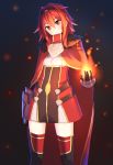  1girl breastplate cape closed_mouth dress fire flame gauntlets hairband head_tilt highres holding_flame itai_no_wa_iya_nano_de_bougyoryoku_ni_kyokufuri_shitai_to_omoimasu looking_at_viewer mii_(bofuri) red_cape red_dress red_eyes red_hair sansu simple_background solo standing 