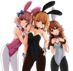  3girls ;) ahoge animal_ears bangs bare_shoulders black_legwear black_neckwear blonde_hair blue_bow blue_eyes blunt_bangs bow braid breasts brown_hair bunny_ears bunny_tail bunnysuit chieru_(princess_connect) chloe_(princess_connect) cleavage closed_mouth collarbone commentary_request detached_collar eyebrows_visible_through_hair fake_animal_ears hair_bow hako_roku hand_on_hip highres long_hair looking_at_viewer medium_breasts multiple_girls one_eye_closed open_mouth pantyhose pink_hair princess_connect! princess_connect!_re:dive purple_eyes short_hair simple_background smile tail twin_braids twintails white_background white_legwear yellow_eyes yuni_(princess_connect) 
