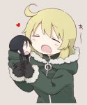  2girls ahoge black_gloves black_hair blonde_hair chito_(shoujo_shuumatsu_ryokou) closed_eyes coat fur-trimmed_jacket fur_trim gloves green_coat heart holding jacket low_twintails military_jacket minigirl multiple_girls no_headwear no_helmet open_mouth shoujo_shuumatsu_ryokou sweatdrop twintails upper_body yuuri_(shoujo_shuumatsu_ryokou) yuyu_(yuuuyuuu69) 