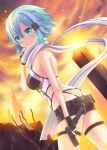  1girl aqua_eyes aqua_hair black_gloves black_shorts commentary_request cowboy_shot dutch_angle fingerless_gloves gloves hair_ornament hairclip leotard looking_at_viewer pgm_hecate_ii rock scarf short_hair short_shorts shorts sinon solo sword_art_online uonuma_yuu white_scarf 