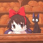  1girl asameshi bakery black_cat black_dress blush_stickers bow bread brown_eyes brown_hair cat commentary counter dress food hair_bow head_rest indoors jiji_(majo_no_takkyuubin) kiki majo_no_takkyuubin red_bow shop short_hair upper_body 