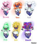  :o bismuth commentary creature diamond_(gemstone) diancie english_commentary english_text frown full_body gen_6_pokemon gold gooompy highres jade_(gemstone) no_humans open_arms pokemon pokemon_(creature) serious simple_background topaz_(gemstone) white_background 