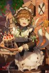  2girls apron artist_name banana_peel bangs black_dress bottle bow brick_wall brown_hair cake cibella clock commentary cuckoo_clock dragalia_lost dress english_commentary eyebrows_visible_through_hair food frilled_apron frills fruit green_bow green_eyes grey_hair hair_between_eyes hair_bow hentaki highres holding juliet_sleeves long_sleeves melody_(dragalia_lost) multiple_girls one_eye_closed open_mouth peeking_out puffy_sleeves short_hair solo_focus strawberry striped striped_bow upper_teeth watermark web_address white_apron 
