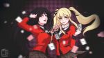  2girls artist_name bangs black_hair black_ribbon black_skirt blonde_hair blunt_bangs breasts brown_eyes card chain checkered checkered_background dress_shirt hair_between_eyes hair_ribbon highres hime_cut holding holding_card jabami_yumeko jacket kakegurui large_breasts long_hair long_sleeves looking_at_viewer miniskirt multiple_girls open_mouth playfulharu playing_card pleated_skirt print_skirt purple_background red_eyes red_jacket red_nails ribbon saotome_meari school_uniform shirt signature skirt smile twintails very_long_hair white_shirt 