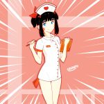  1girl absurdres bangs black_hair blue_eyes blunt_bangs blush_stickers bow breasts chloe_(srgrafo) clipboard directional_arrow_hair_ornament dress emphasis_lines hair_bow hat highres microdress nurse nurse_cap pencil reddit short_ponytail sidelocks small_breasts smile solo srgrafo standing thigh_gap white_dress 