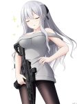  1girl ak-12 ak-12_(girls_frontline) assault_rifle bangs bare_shoulders black_bow blush bow braid breasts brown_legwear closed_eyes commentary eyebrows_visible_through_hair girls_frontline grey_hair grey_shirt gun hair_bow highres holding holding_gun holding_weapon keenh long_hair medium_breasts object_namesake off-shoulder_shirt off_shoulder pantyhose parted_lips rifle shirt signature simple_background smile solo sparkle thighband_pantyhose very_long_hair weapon white_background 