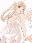  1girl :d amezawa_koma angel angel_wings areola_slip areolae bangs bare_arms bare_shoulders blush breasts choker cleavage collarbone commentary_request dress eyebrows_visible_through_hair feathered_wings grey_background halo highres light_brown_hair long_hair looking_at_viewer medium_breasts one_side_up open_mouth original pink_eyes simple_background sleeveless sleeveless_dress smile solo upper_teeth white_choker white_dress white_wings wings 