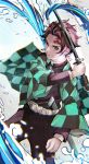  1boy absurdres belt black_pants black_shirt checkered checkered_haori checkered_jacket chromatic_aberration commentary earrings forehead_scar hanafuda haori highres holding holding_sword holding_weapon japanese_clothes jewelry kamado_tanjirou kimetsu_no_yaiba kyuuba_melo looking_at_viewer male_focus pants red_eyes red_hair sheath shirt solo sword unsheathed water weapon 