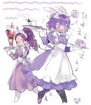  2girls animal_ears bernadetta_von_varley black_legwear bunny_ears closed_mouth fire_emblem fire_emblem:_three_houses grey_eyes holding long_hair long_sleeves maid maid_headdress multiple_girls one_eye_closed open_mouth petra_macneary ponytail prpr_icecream purple_hair short_hair simple_background smile tray white_background white_legwear 