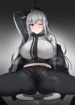  1girl ak-12_(girls_frontline) arm_behind_head bangs blush braid breasts commentary_request eyebrows_visible_through_hair french_braid girls_frontline gradient gradient_background grey_background highres korean_commentary large_breasts long_hair looking_at_viewer midriff one_eye_closed pants purple_eyes sidelocks silver_hair sitting spread_legs sweat tactical_clothes toilet yellowseeds 