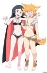  2girls absurdres animal_ears barbara_parker barefoot black_bra black_hair black_panties blue_bra blue_eyes blue_panties blush bra breasts cape cleavage collarbone eyebrows_visible_through_hair fangs freckles full_body glasses highres little_witch_academia long_hair looking_at_viewer lotte_jansson multiple_girls navel once_11h open_mouth orange_hair panties sharp_teeth short_hair simple_background small_breasts smile standing tail teeth torn_clothes underwear vampire werewolf white_background wolf_ears wolf_tail 