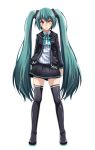  1girl alternate_eye_color bangs black_cardigan black_footwear black_skirt blue_hair blue_ribbon boots cardigan closed_mouth collared_shirt eyebrows_visible_through_hair floating_hair full_body hair_between_eyes hair_ornament hatsune_miku heterochromia highres hooded_cardigan long_hair long_sleeves looking_at_viewer miniskirt neck_ribbon open_cardigan open_clothes pleated_skirt project_diva_(series) red_eyes ribbon shiny shiny_footwear shiny_hair shirt silent_voice_(module) simple_background skirt solo standing striped striped_shirt thigh_boots thighhighs tsukishiro_saika twintails vertical-striped_shirt vertical_stripes very_long_hair vocaloid white_background white_shirt wing_collar yellow_eyes zettai_ryouiki 