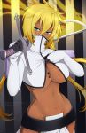  1girl arrancar bleach blonde_hair breasts cropped_jacket dark_skin espada green_eyes holding holding_weapon jacket lindaroze loincloth looking_at_viewer no_panties number_tattoo numbered ponytail sword tattoo tier_harribel underboob weapon white_jacket 