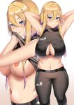  1girl absurdres azur_lane bare_arms bare_shoulders blonde_hair blue_eyes breasts cleavage commentary_request hair_ornament hairclip highres large_breasts lilycious long_hair looking_at_viewer marblehead_(azur_lane) marblehead_(boxing_girl!)_(azur_lane) multicolored_hair multiple_views nipples shirt sleeveless smile sweatdrop symbol-shaped_pupils thighhighs two-tone_hair 