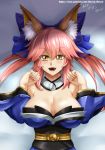  1girl animal_ear_fluff animal_ears bare_shoulders blue_kimono blue_ribbon blush breasts cleavage detached_sleeves eyebrows_visible_through_hair fang fate/extella fate/extra fate/grand_order fate_(series) fox_ears fox_girl hair_ribbon highres japanese_clothes kimono large_breasts looking_at_viewer open_mouth paid_reward patreon_reward patreon_username pink_hair ribbon solo tamamo_(fate)_(all) tamamo_no_mae_(fate) vilde_loh_hocen yellow_eyes 