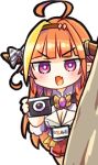  1girl 767676na ahoge bangs blunt_bangs blush breasts camera chibi cleavage eyebrows_visible_through_hair fang hairband holding holding_camera hololive horns kiryuu_coco lowres open_mouth orange_hair purple_eyes skin_fang solo transparent_background virtual_youtuber 