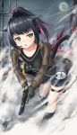  1girl :o animal_ears aonoyuu arknights bag bangs beretta_92 black_gloves black_hair black_legwear black_shirt black_shorts breasts cat_ears collarbone commentary_request ear_protection eyebrows_visible_through_hair full_body full_moon gloves green_eyes grey_jacket gun handgun headset high_ponytail highres holding holding_gun holding_weapon id_card jacket jessica_(arknights) kneehighs large_breasts long_hair long_sleeves looking_to_the_side moon multicolored_hair night night_sky open_clothes open_jacket outdoors pistol ponytail running shirt short_shorts shorts shoulder_bag sidelocks signature single_knee_pad sky smoke smoke_grenade snap-fit_buckle solo steel_beam tail thigh_strap trigger_discipline upper_teeth weapon weapon_request 