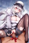  1boy 1girl azur_lane black_gloves blush breasts censored cleavage cowgirl_position fur_trim gangut_(azur_lane) girl_on_top gloves hair_between_eyes hat hetero highres jacket large_breasts long_hair looking_at_viewer mapar military_hat mole mole_under_eye pantyhose penis pussy red_eyes sex silver_hair smile snowing straddling torn_clothes torn_legwear vaginal very_long_hair 