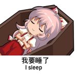  1girl bow chibi closed_eyes coffin collared_shirt commentary eyebrows_visible_through_hair fujiwara_no_mokou hair_bow lowres meme pants red_pants shangguan_feiying shirt short_sleeves silver_hair sleeping solo suspenders touhou translation_request 