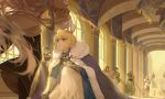  2girls 4boys absurdres armor artoria_pendragon_(all) bangs banner bedivere blonde_hair blue_cape blue_hair breasts cape character_request commentary_request coronation crown eyebrows_visible_through_hair fate/grand_order fate/stay_night fate_(series) fur_trim gauntlets green_eyes grey_hair hair_ornament halberd highres indoors knight kotatsu_kaya long_hair looking_up merlin_(fate) morgan_le_fay_(fate) multiple_boys multiple_girls one_knee polearm putting_on_headwear red_hair short_hair tagme tristan_(fate/grand_order) weapon 