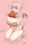  1girl animal_ears animal_print bikini bone boned_meat breasts cat_ears cat_girl cat_tail eating final_fantasy final_fantasy_xiv food heart highres large_breasts leopard_print meat miqo&#039;te pink_hair plump potion_lilac red_eyes sitting sweat swimsuit tail thick_thighs thighs wariza 