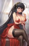  1girl ahoge azur_lane bangs black_hair black_legwear blush breasts choker cleavage cocktail_dress crossed_legs curtains dress eyebrows_visible_through_hair hair_between_eyes highres jag_ging large_breasts long_hair looking_at_viewer mole mole_on_thigh naughty_face red_choker red_dress red_eyes saliva saliva_trail smile solo taihou_(azur_lane) taihou_(forbidden_feast)_(azur_lane) tongue tongue_out very_long_hair window 