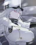  1girl azur_lane bangs breasts cape closed_mouth coat coat_dress commentary_request double-breasted elbow_gloves eyebrows_visible_through_hair fur-trimmed_cape fur-trimmed_coat fur_trim gloves hair_between_eyes hat high_collar highres hyury large_breasts long_hair military_hat mole mole_under_eye red_eyes silver_hair sovetskaya_rossiya_(azur_lane) white_coat white_headwear 