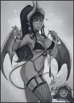  1girl bangle bangs blunt_bangs bracelet breasts cleavage collar commentary demon_girl demon_horns demon_tail demon_wings dreaming earrings english_commentary fishnet_legwear fishnets greyscale holding_leash horn_ring horns iahfy imagining jewelry leash licking_lips looking_at_viewer medium_breasts monochrome navel o-ring o-ring_swimsuit one_eye_closed original pointy_ears revealing_clothes scar scar_across_eye sidelocks single_garter single_thighhigh succubus swimsuit synth_(iahfy) tail thighhighs tongue tongue_out underboob v wings 