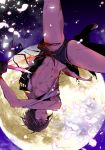  1boy black_gloves black_hair blood chest cuts full_moon gloves glowing glowing_eyes grin injury katsugeki/touken_ranbu kneehighs looking_at_viewer male_focus moon no_nipples purple_eyes shinozaki_kyouko short_hair short_shorts shorts smile solo thighs touken_ranbu yagen_toushirou 