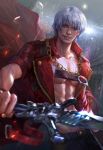  1boy abs backlighting beltbra blue_eyes blurry commentary dante_(devil_may_cry) depth_of_field devil_may_cry devil_may_cry_3 english_commentary grin highres holding holding_sword holding_weapon jacket leather leather_jacket long_coat male_focus open_clothes open_jacket pants pectorals rain rebellion_(sword) red_jacket shirtless short_hair silver_hair smile solo sword weapon wet yang_fan 