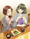  2girls :d ^_^ blue_eyes blue_jacket blush brown_hair center_frills chair chopsticks closed_eyes collarbone cup dress drink drinking_glass food frills green_hair grey_jacket hair_over_shoulder holding holding_cup ice ice_cube idolmaster idolmaster_cinderella_girls jacket jewelry kawashima_mizuki long_hair low_ponytail mattaku_mousuke mole multiple_girls necklace on_chair open_clothes open_jacket open_mouth pink_dress ponytail purple_dress sitting smile table takagaki_kaede 