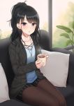  1girl :o absurdres ahoge bangs black_eyes black_hair black_jacket black_shorts blue_shirt blush brown_legwear coffee coffee_mug collarbone commentary couch cup eyebrows_visible_through_hair highres holding holding_cup idolmaster idolmaster_shiny_colors indoors jacket kazano_hiori kurisu-kun legwear_under_shorts long_hair looking_at_viewer mixed-language_commentary mole mole_under_mouth mug neckerchief on_couch open_clothes open_jacket pantyhose parted_lips pillow ponytail shirt shorts sitting solo steam striped vertical-striped_shorts vertical_stripes window 