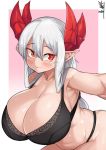  1girl absurdres ass black_bra blush bra breasts changbae commission demon_girl demon_horns highres horns huge_breasts looking_to_the_side lorem_(musuko_ga_kawaikute_shikatanai_mazoku_no_hahaoya) mature musuko_ga_kawaikute_shikatanai_mazoku_no_hahaoya plump pointy_ears ponytail red_eyes red_horns underwear white_hair 