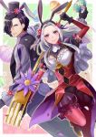  1boy 1girl alternate_costume animal_ears black_gloves black_hair bunny_ears bunny_tail closed_mouth easter_egg edelgard_von_hresvelg egg fake_animal_ears fake_tail fire_emblem fire_emblem:_three_houses fire_emblem_heroes flower from_side gloves hair_over_one_eye hair_ribbon hat holding hubert_von_vestra kaboplus_ko long_hair long_sleeves looking_to_the_side purple_eyes red_legwear ribbon short_hair smile tail white_hair 