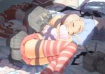  1girl absurdres amochin ass bangs bare_arms bare_shoulders bed blonde_hair blush book chestnut_mouth closed_eyes clothes_removed commentary_request highres indoors kantai_collection lifebuoy long_hair lying on_bed on_side open_mouth pillow pillow_hug rensouhou-chan shimakaze_(kantai_collection) shirt_removed shorts skindentation skirt skirt_removed sleeping sleeveless striped striped_legwear thighhighs thighs 