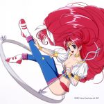  1990s_(style) 1997 1girl blue_eyes blue_legwear breasts bridal_gauntlets choker cleavage copyright dated floating_hair gold_trim hair_intakes holding holding_wand long_hair low-tied_long_hair medium_breasts navel official_art open_mouth pink_hair puffy_sleeves simple_background solo sparkling_feather thighhighs very_long_hair wand white_background 